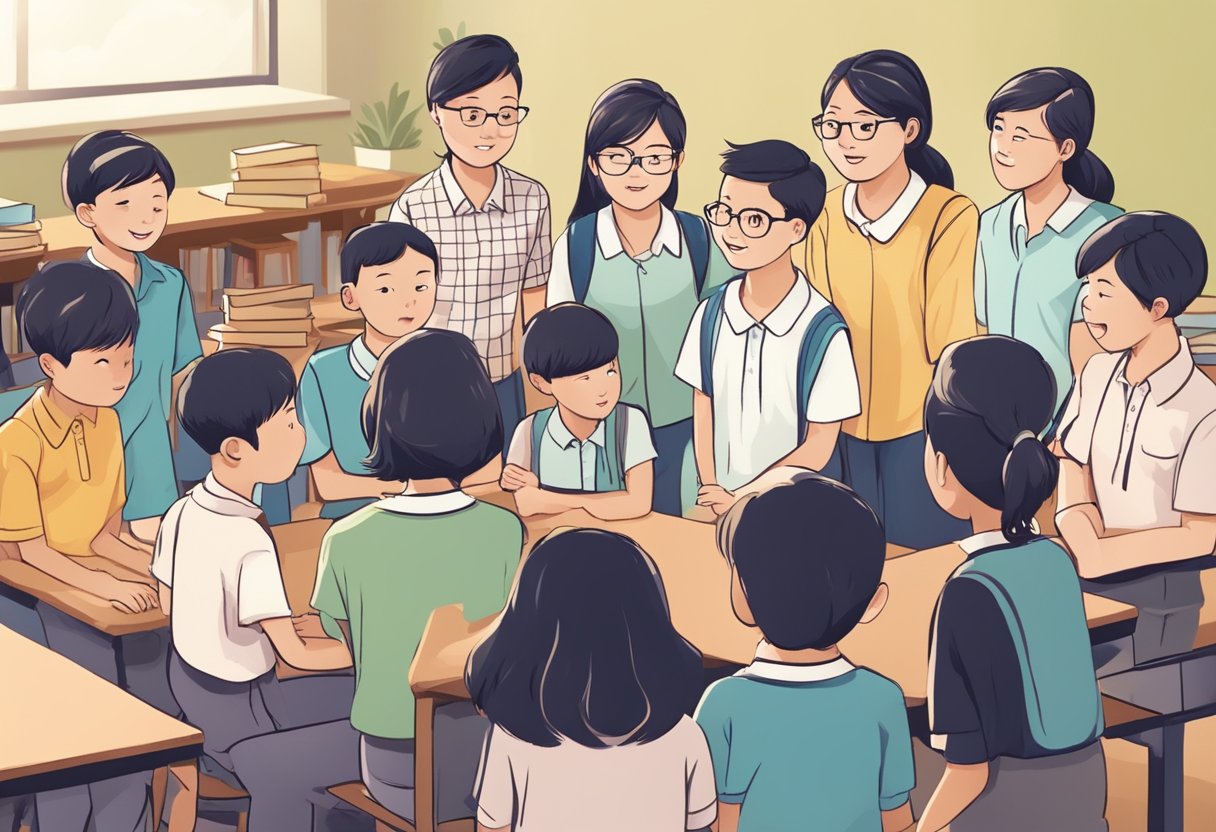A group of curious students gather around a teacher, asking questions about the Singapore gifted program. The teacher gestures confidently, answering their inquiries with enthusiasm