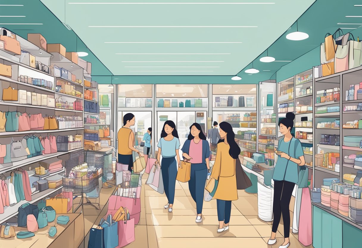 A bustling Singaporean blogshop, with shelves stocked full of essential items like clothing, accessories, and beauty products, while customers browse and chat with the friendly staff