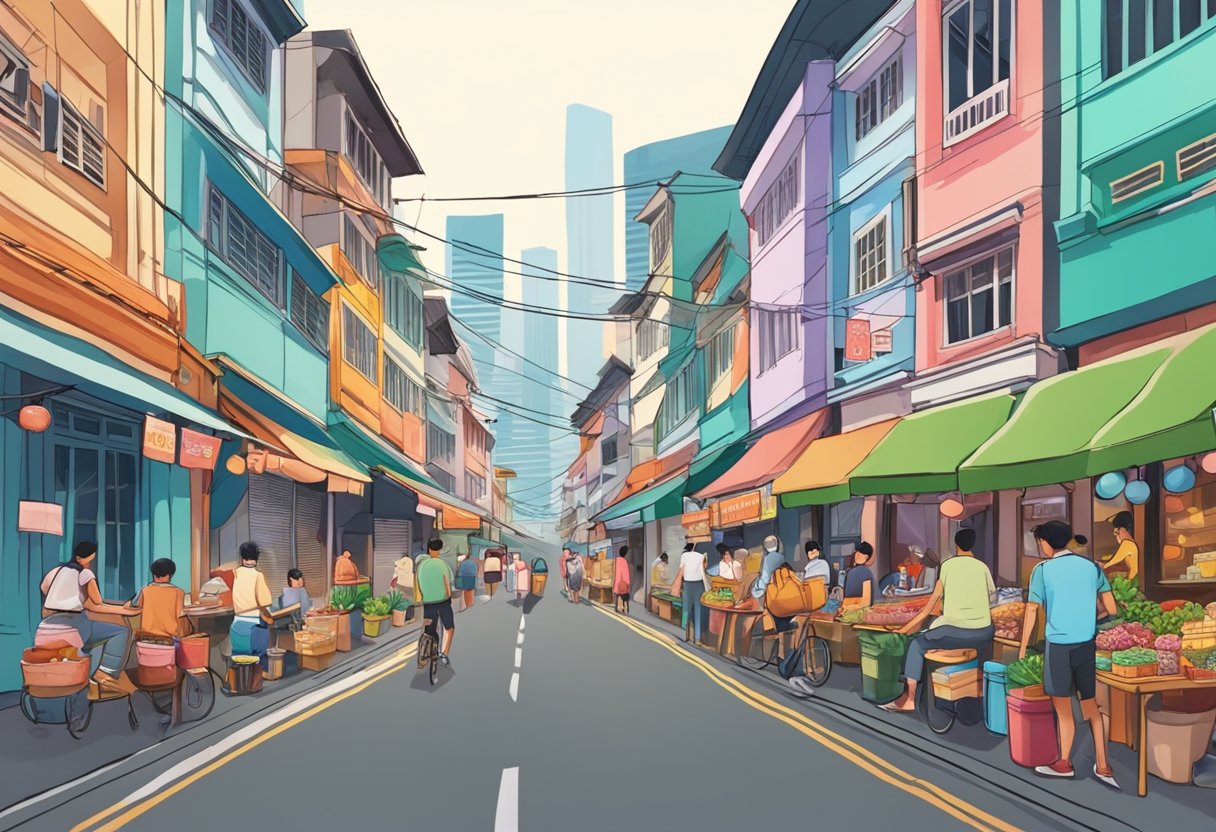 A bustling street in Singapore, with colorful shophouses and vibrant signage lining the road. The scent of street food fills the air as people go about their day