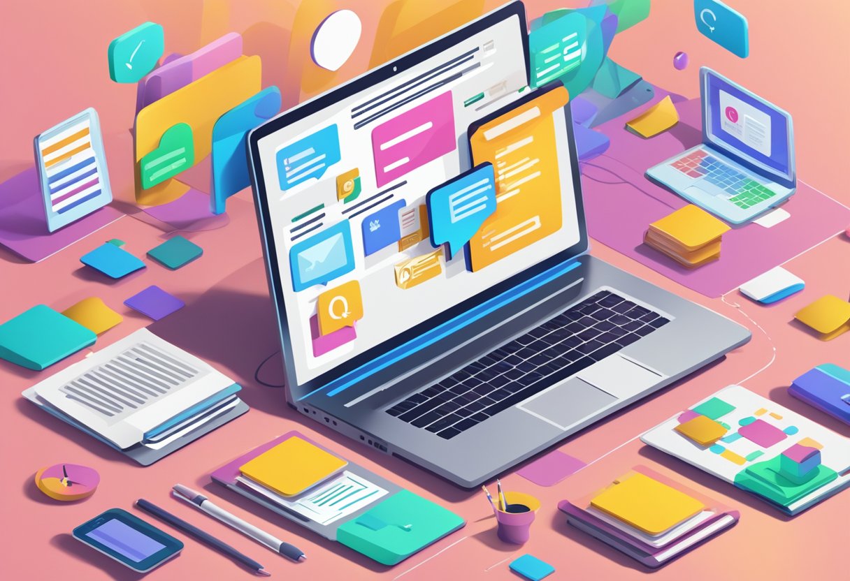 A laptop surrounded by colorful question marks, with a blog post titled "Frequently Asked Questions" on the screen