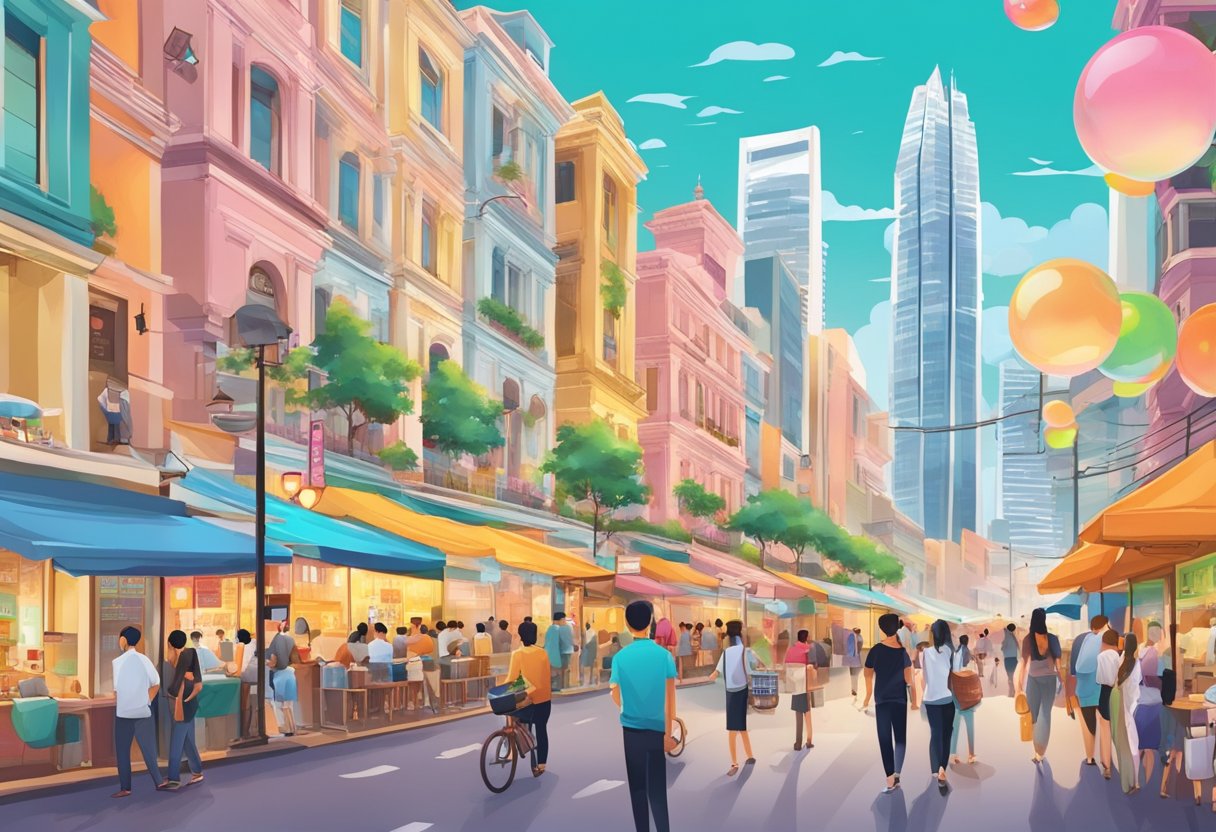 A vibrant street scene in Singapore with colorful bubble tea shops, bustling crowds, and iconic landmarks in the background