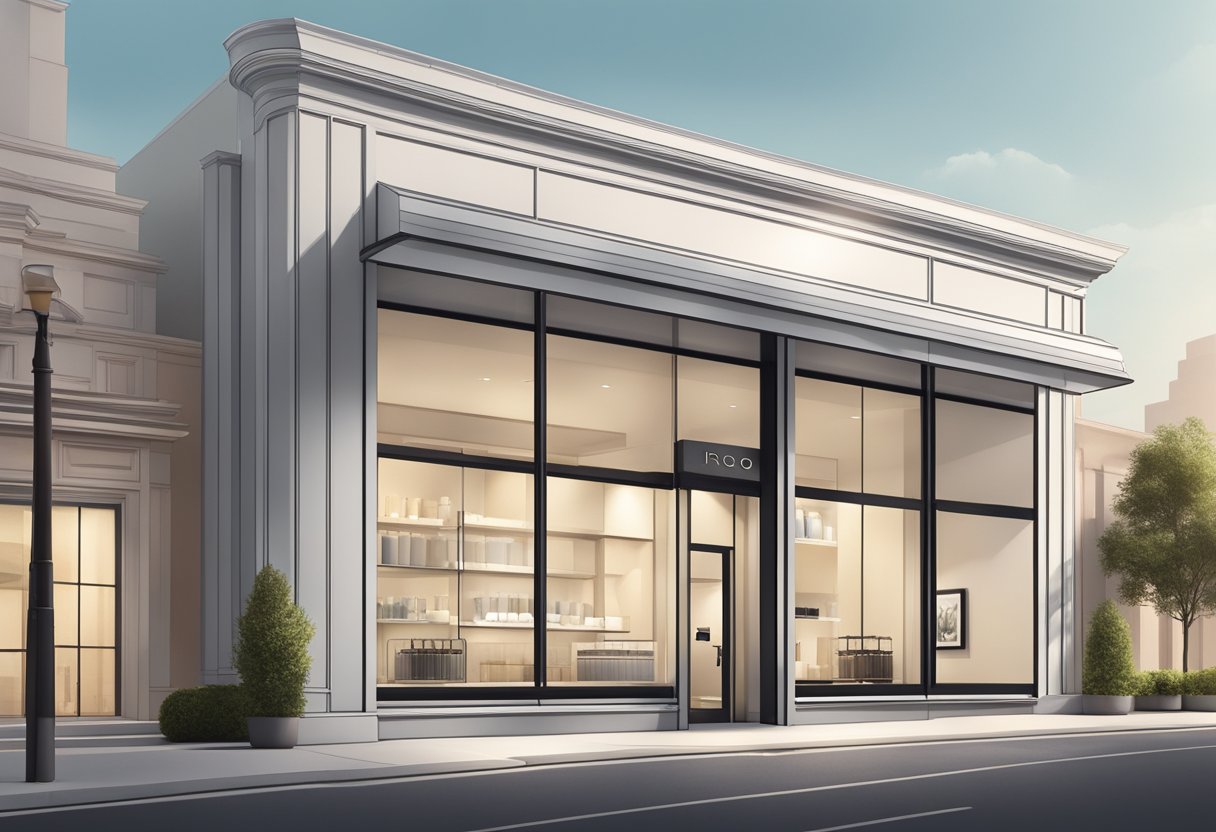 A sleek and modern storefront with the Iroo logo prominently displayed. Clean lines and a sophisticated color palette give off an air of luxury and elegance