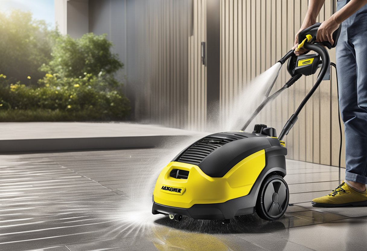 A Karcher pressure washer in action, spraying water onto a dirty surface, with the Karcher Singapore logo in the background