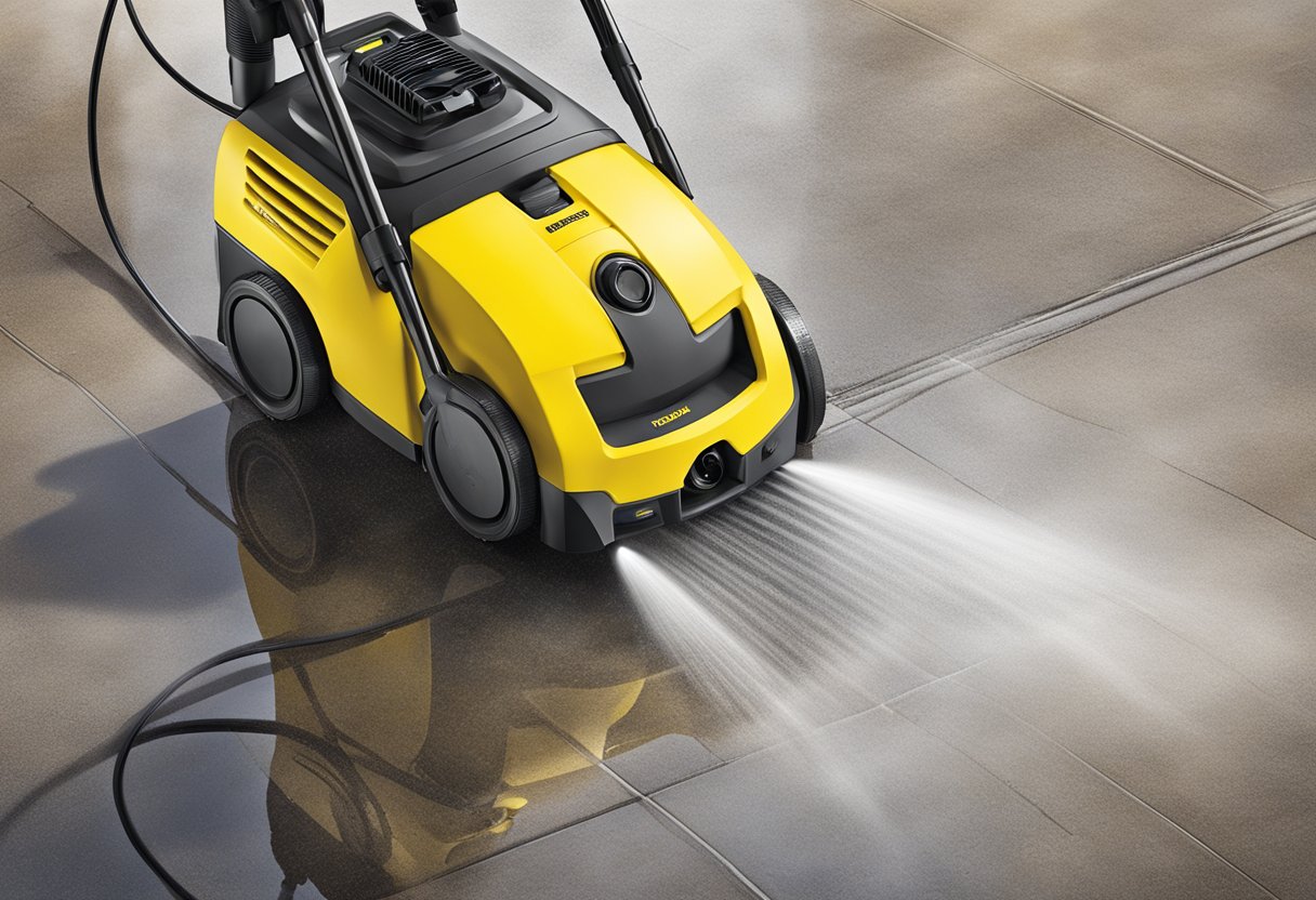 A Kärcher pressure washer sprays water onto a dirty surface, removing grime and revealing a clean, sparkling result