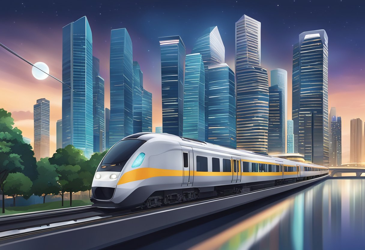 A sleek, modern train glides through the bustling cityscape of Singapore, surrounded by towering skyscrapers and vibrant streetlights
