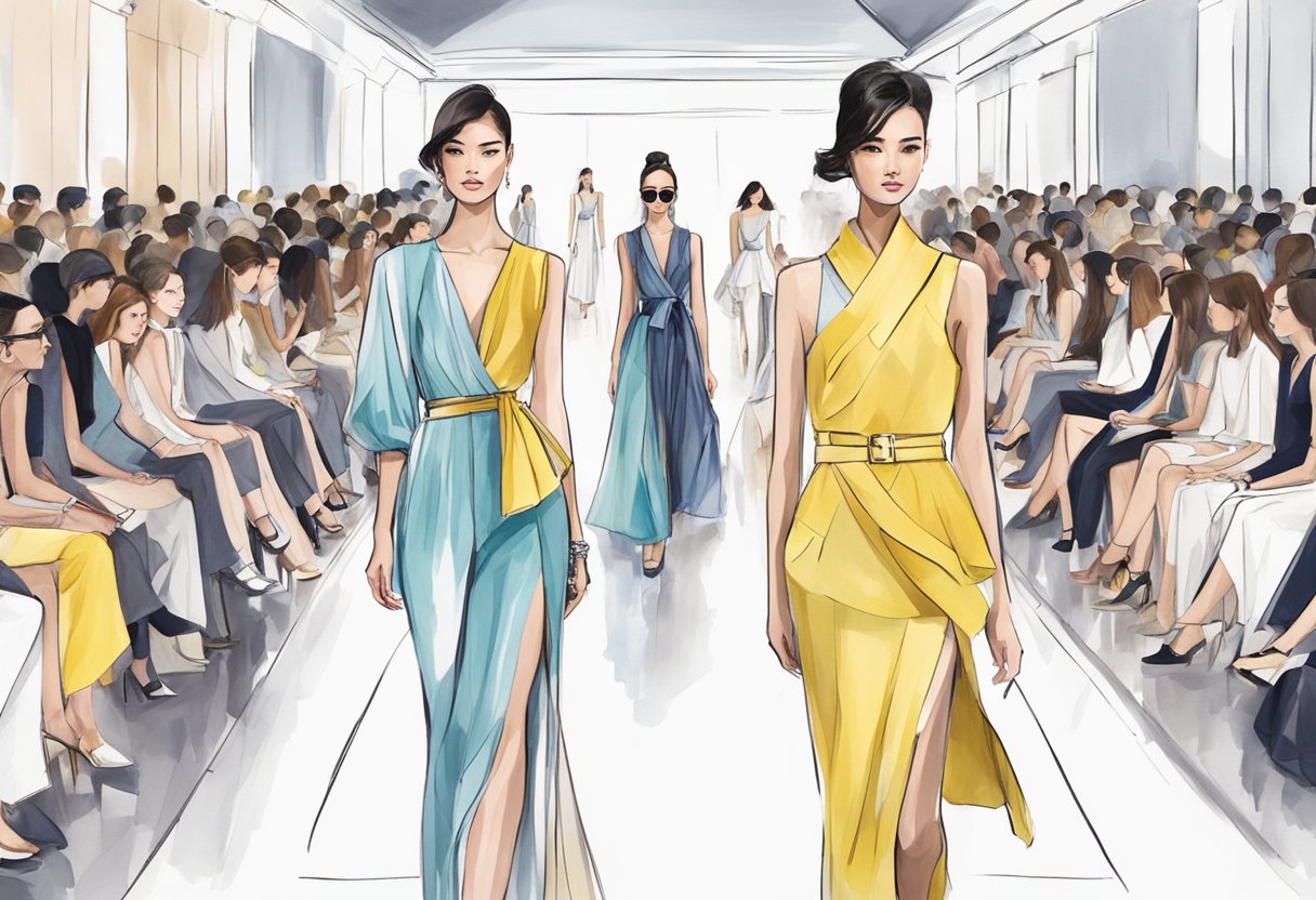 A runway show with models wearing iROO Singapore's latest fashion collections, showcasing trendy designs and luxurious fabrics in a chic and modern setting