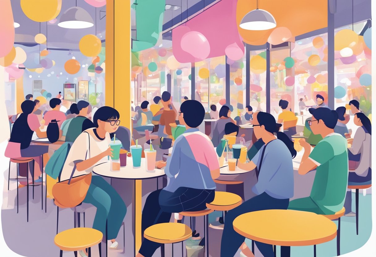 People sipping bubble tea in a bustling Singaporean cafe, surrounded by colorful and creative bubble tea concoctions