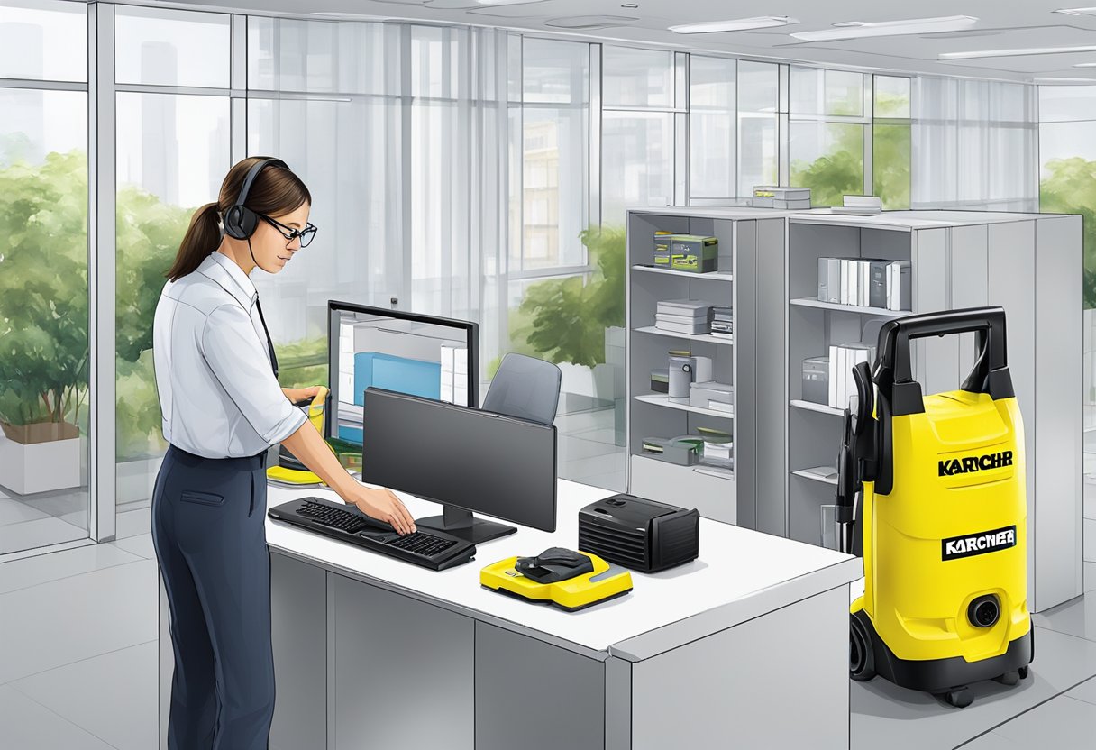 A customer service representative assists a client with a Karcher product at a Singapore office