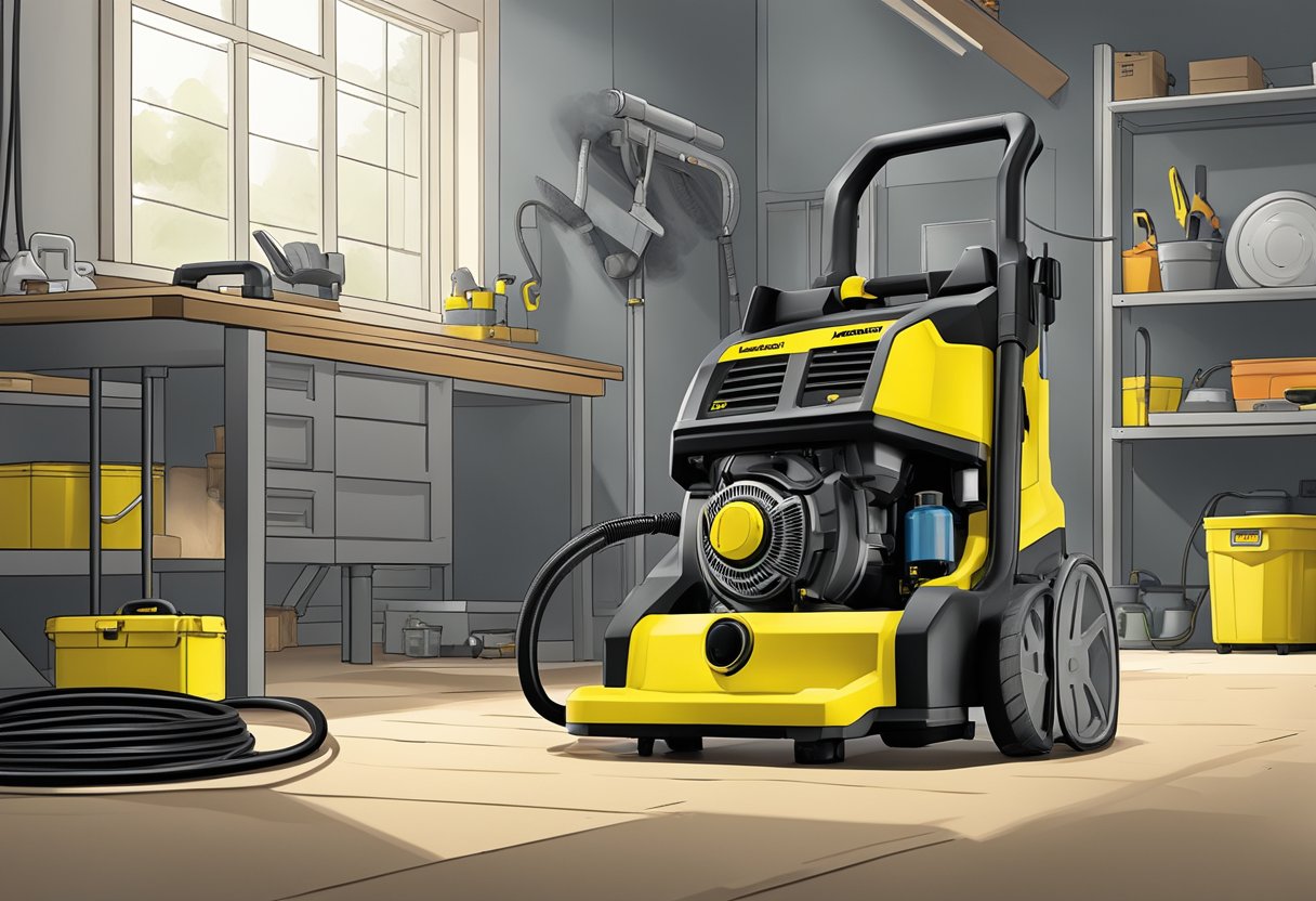 A Karcher pressure washer sits in a clean, well-lit workshop with a toolbox and safety equipment nearby