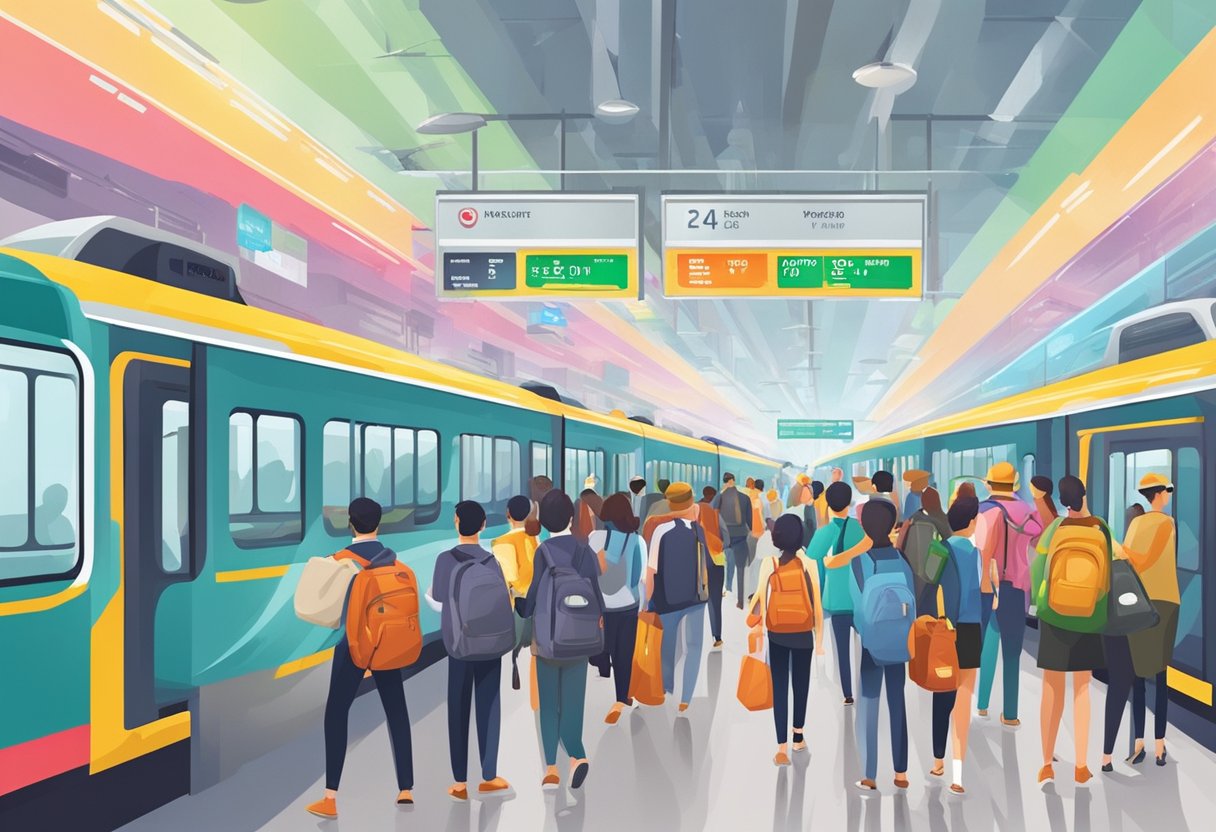 Passengers boarding last train in Singapore, crowded platform, colorful train carriages, digital signs displaying departure times