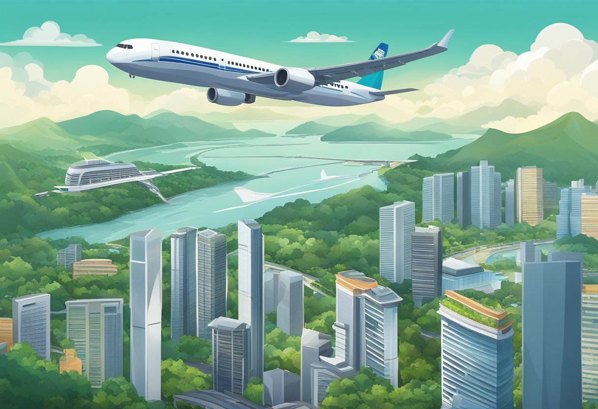 A plane flies from Singapore to Clark, passing over cityscapes and lush landscapes below
