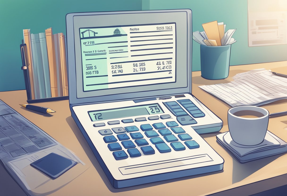 A calculator sits on a desk, surrounded by paperwork and a laptop. The screen displays a property tax calculation for a property in Singapore