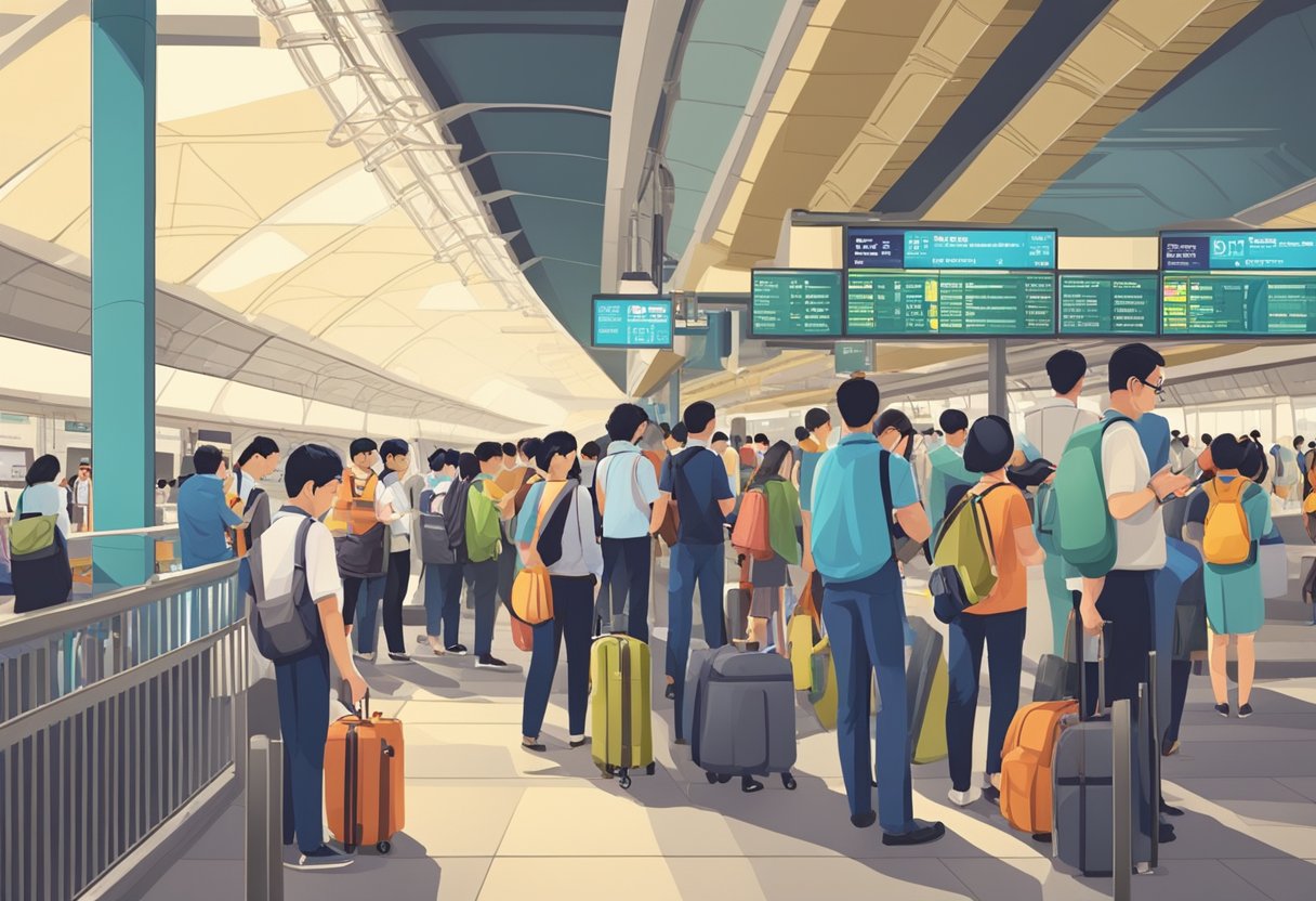 Passengers queue at the last train platform in Singapore, checking their watches and maps. The station is bustling with activity as travelers prepare for their journey