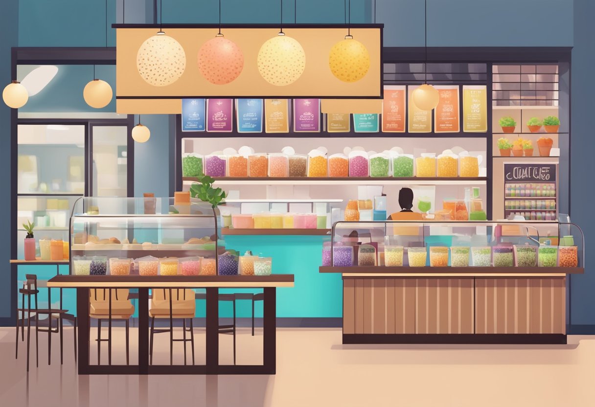 A colorful bubble tea shop with various flavors displayed. Customers chat and enjoy their drinks at cozy tables