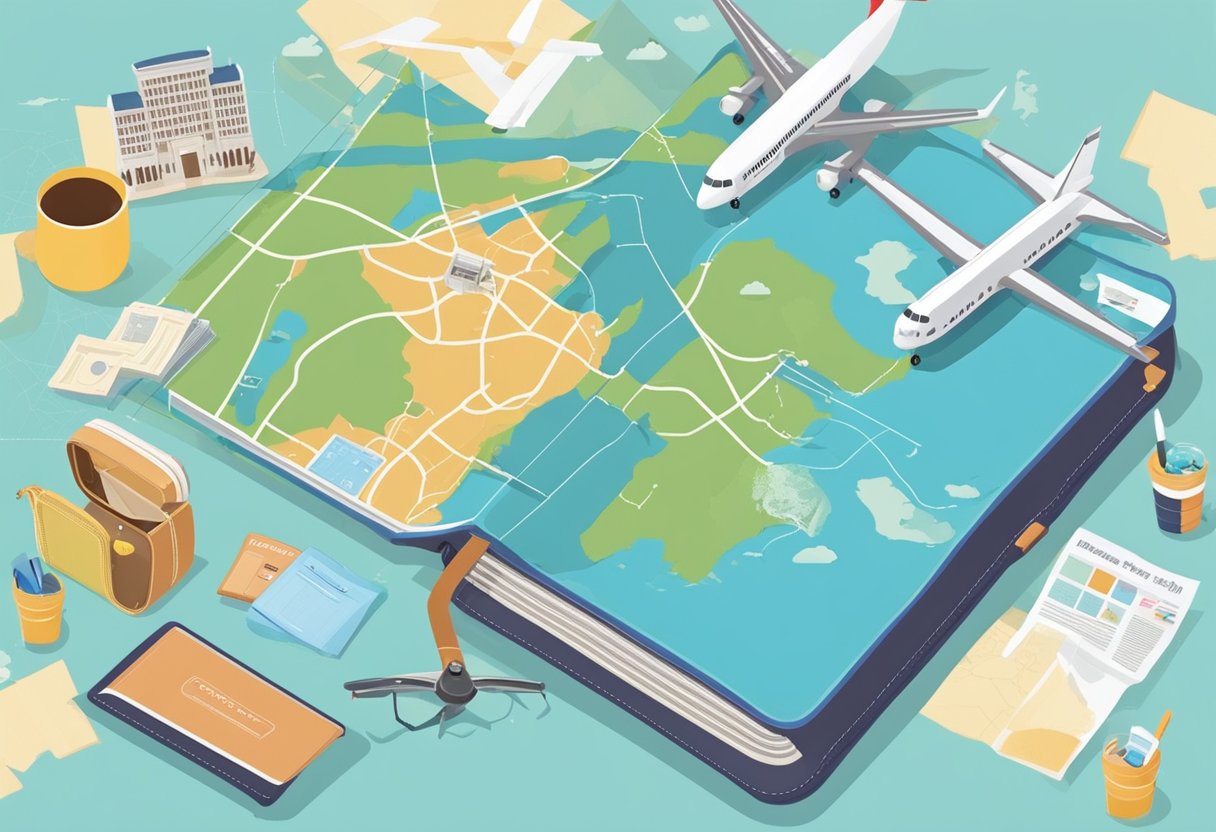 A map of Singapore and Clark with a dotted line connecting the two cities, surrounded by travel essentials like a passport, plane ticket, and suitcase