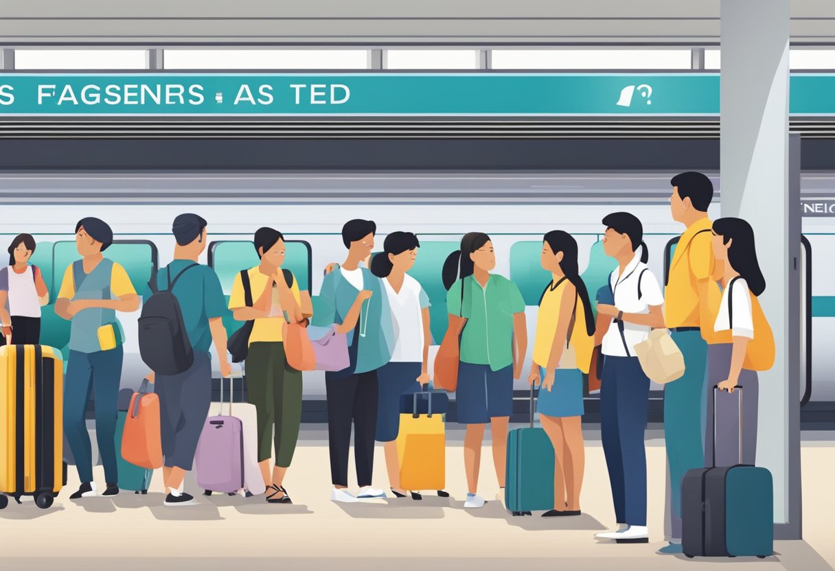 Passengers lining up at the last train station in Singapore, with a sign reading "Frequently Asked Questions" in the background