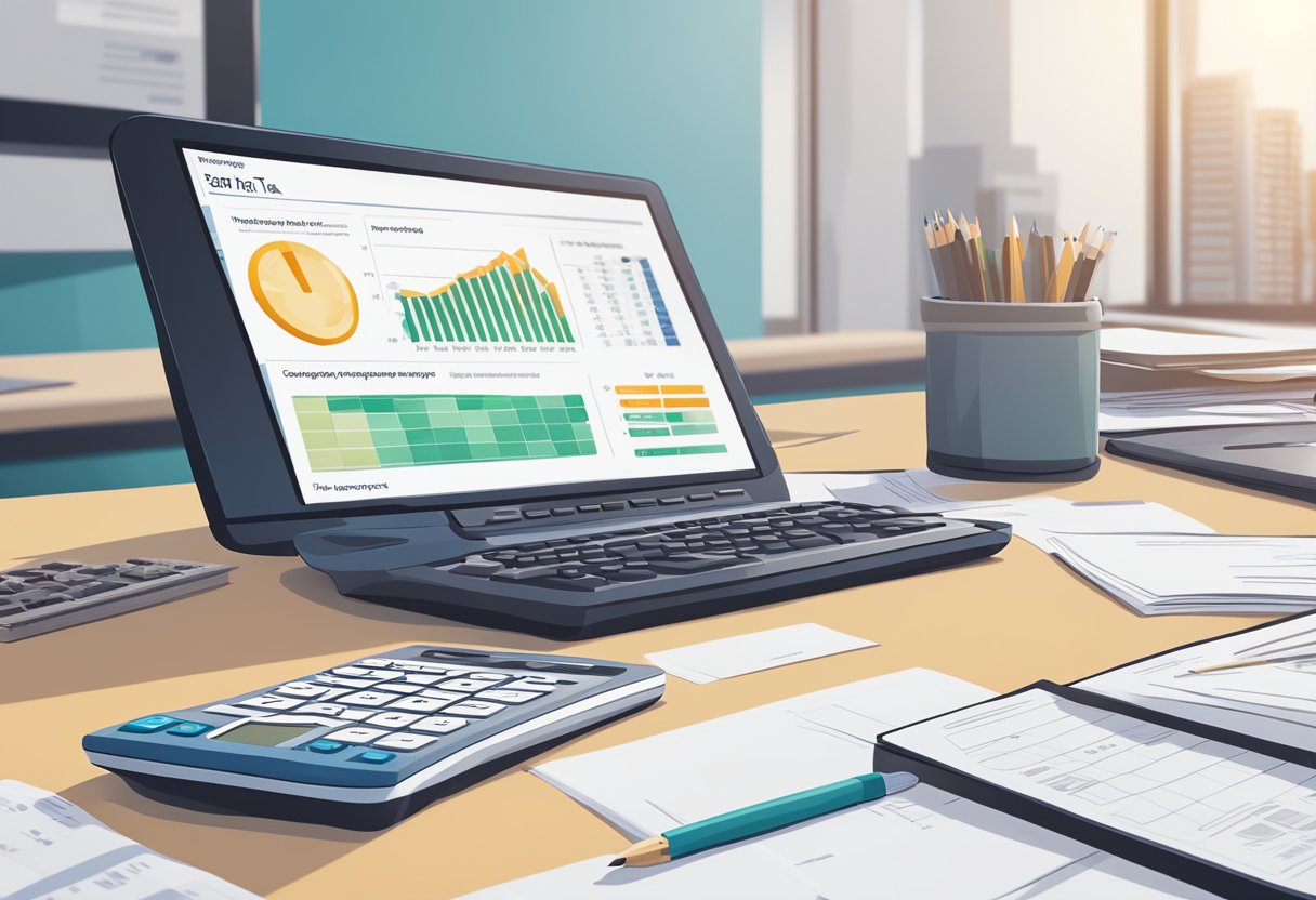 A calculator sits on a desk, surrounded by paperwork and a computer screen displaying property tax rates. The calculator is being used to input figures and calculate property tax for a property in Singapore