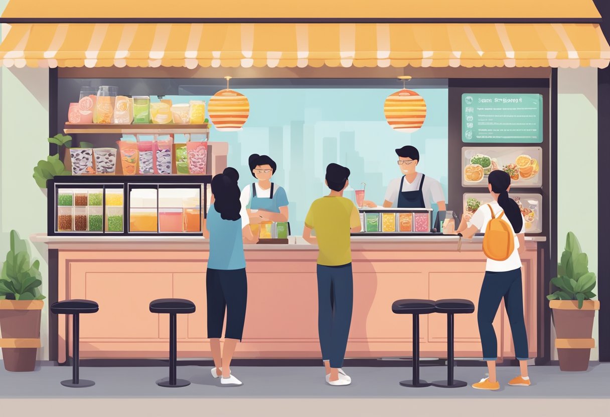 A colorful bubble tea shop in Singapore, with a variety of flavors displayed on the menu board and customers chatting in line