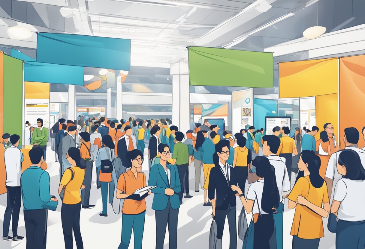 Crowds gather around booths at a bustling career fair in Singapore. Bright banners and enthusiastic recruiters fill the space