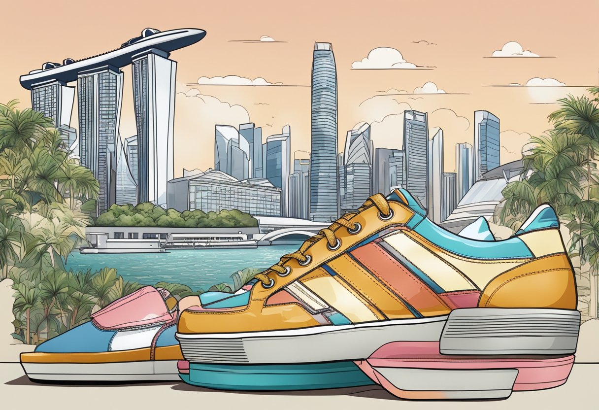 A display of Singapore shoes brand with iconic landmarks in the background