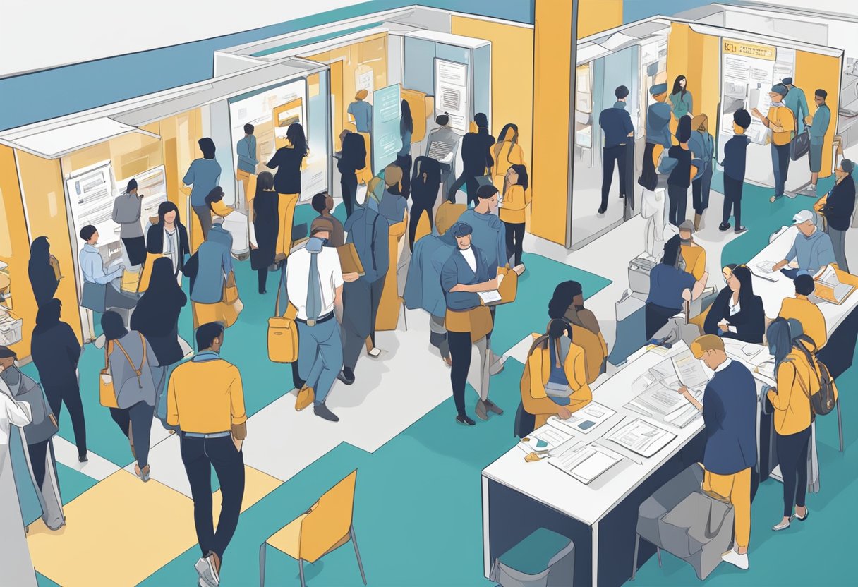 Students gather at booths, polishing resumes and practicing elevator pitches. Recruiters set up displays and prepare to meet potential hires