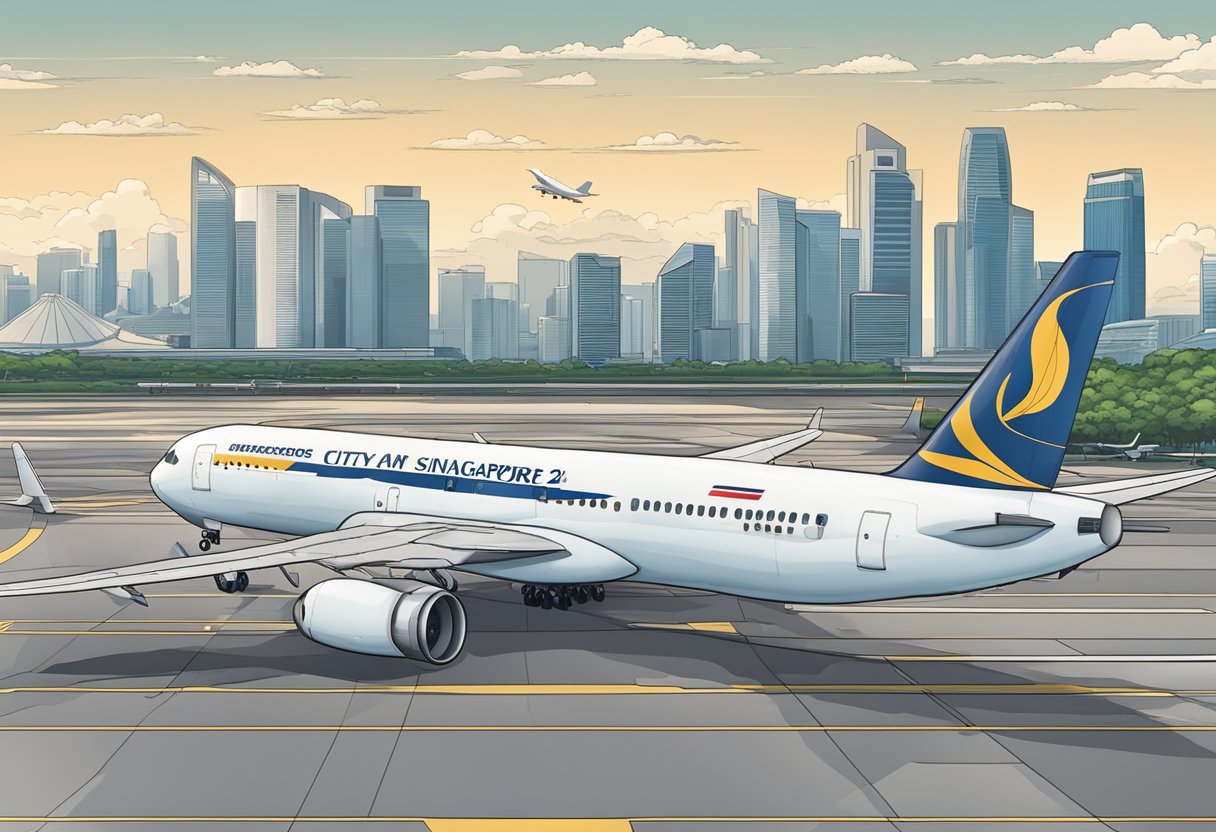 A plane sits on the tarmac, ready for departure at Singapore airport, with the city skyline in the background