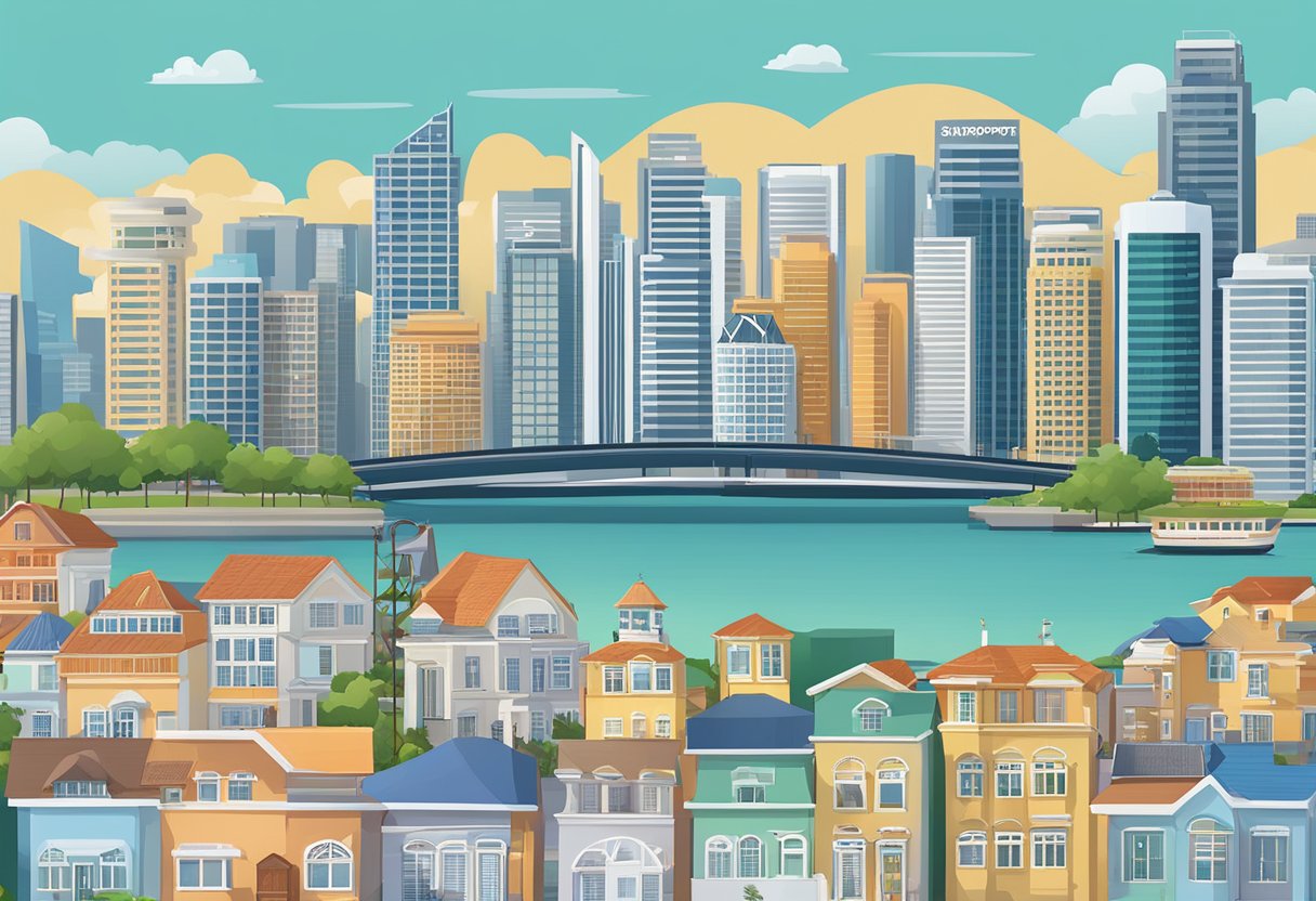 A computer screen displaying a property tax calculator website with the Singapore skyline in the background