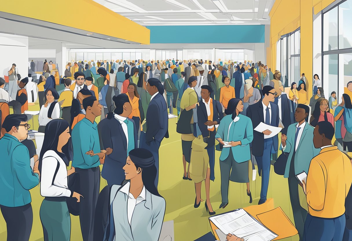 The bustling career fair is filled with eager job seekers and company representatives, exchanging resumes and engaging in lively conversations