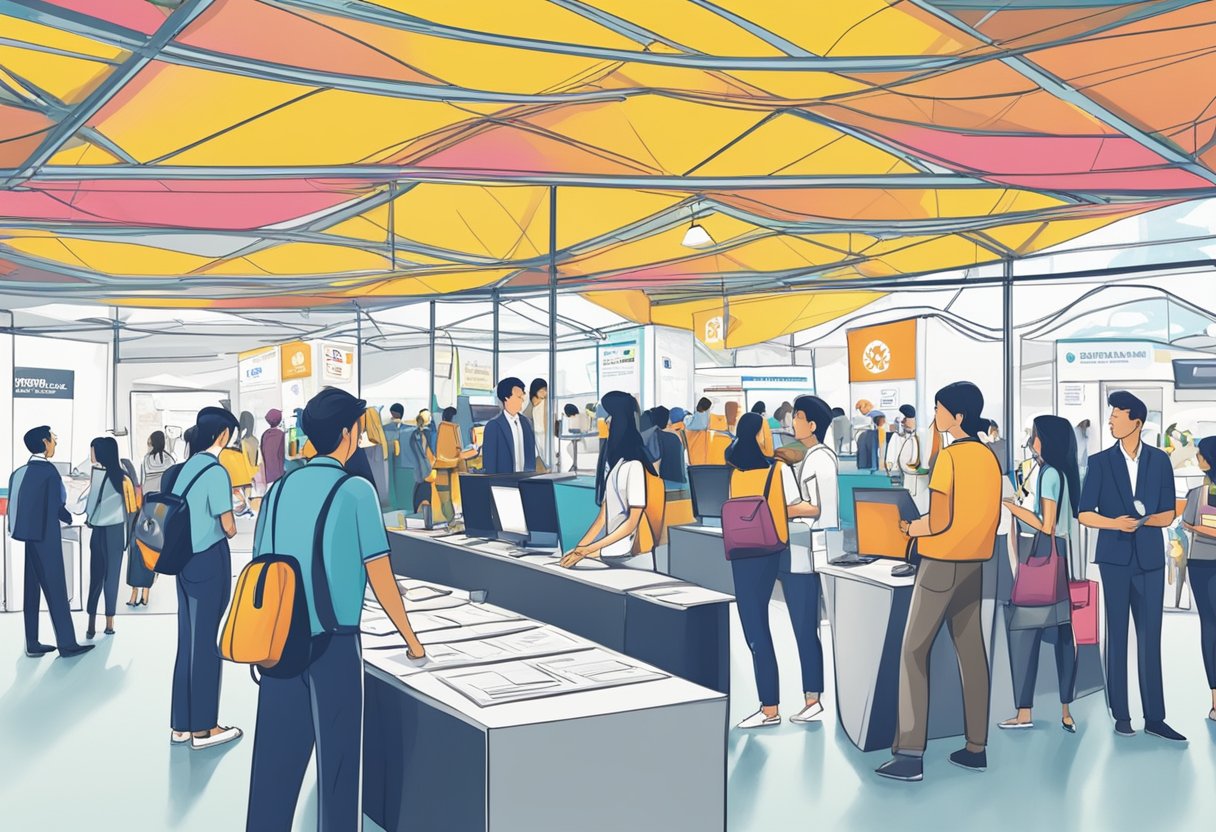 A bustling career fair in Singapore, with attendees interacting at various booths and exchanging information. Bright banners and company logos decorate the venue