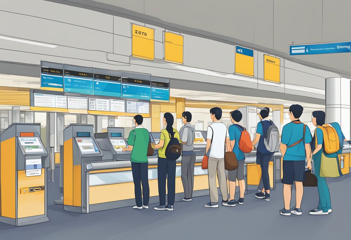 Passengers lining up at the Singapore airport ticket counter. Signage and staff assisting travelers with FAQ about flights to Clark