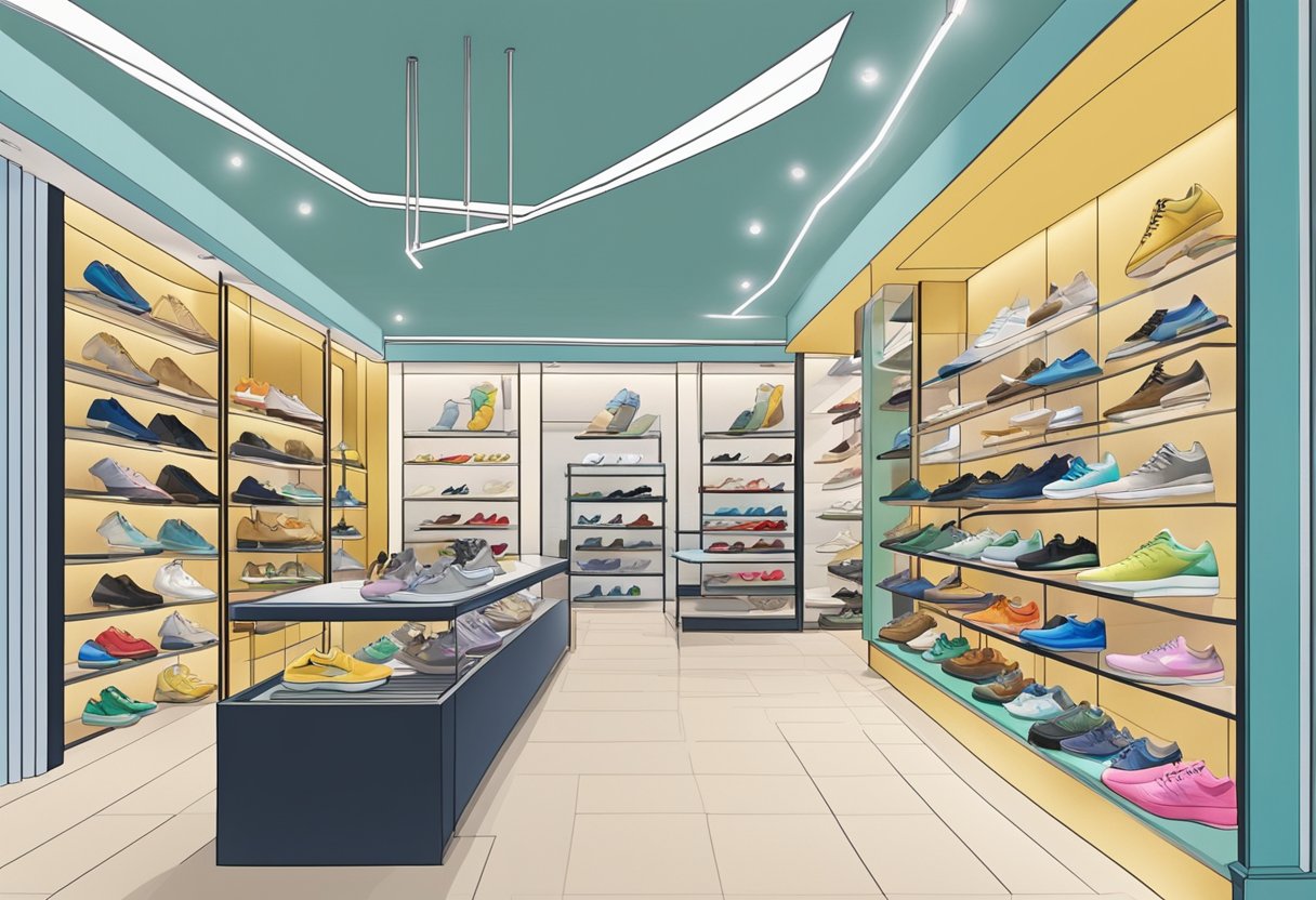 A colorful array of Singapore shoe brands displayed in a modern boutique setting, showcasing a variety of styles and designs