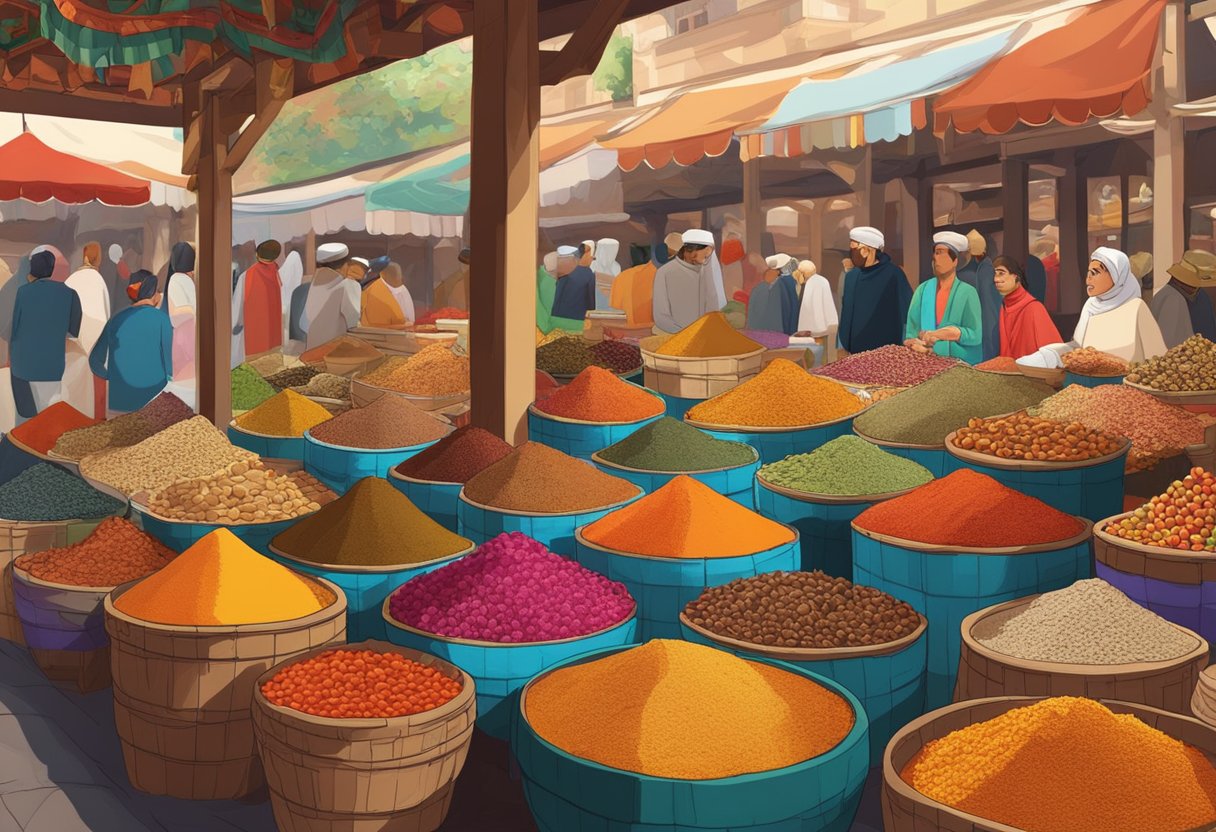 A vibrant marketplace in Istanbul, with colorful spices and textiles from Singapore on display