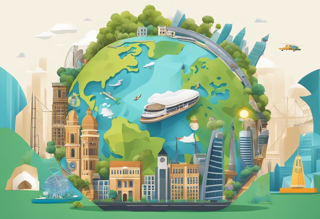 A globe surrounded by sustainable materials and iconic landmarks, representing a global reach for a Singapore shoe brand