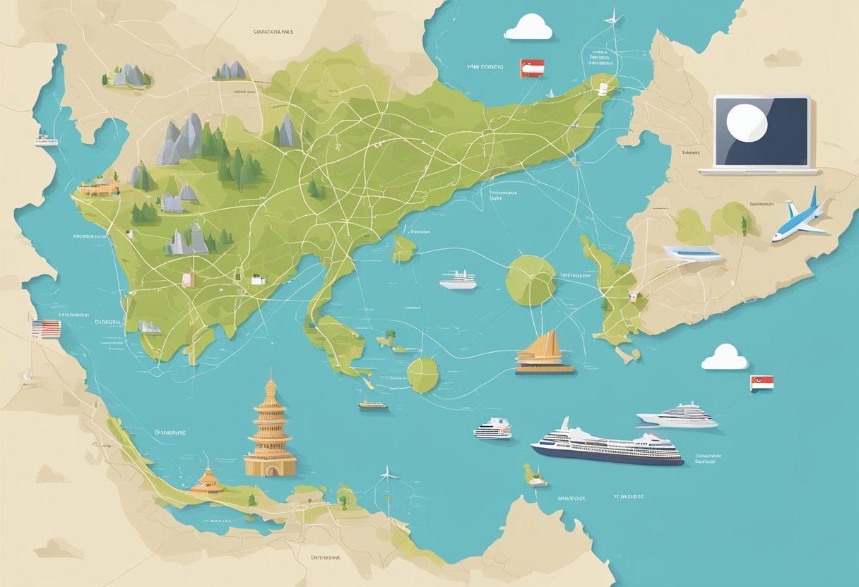 A map of Singapore and Turkey with travel routes marked, surrounded by guidebooks and a laptop with travel websites open
