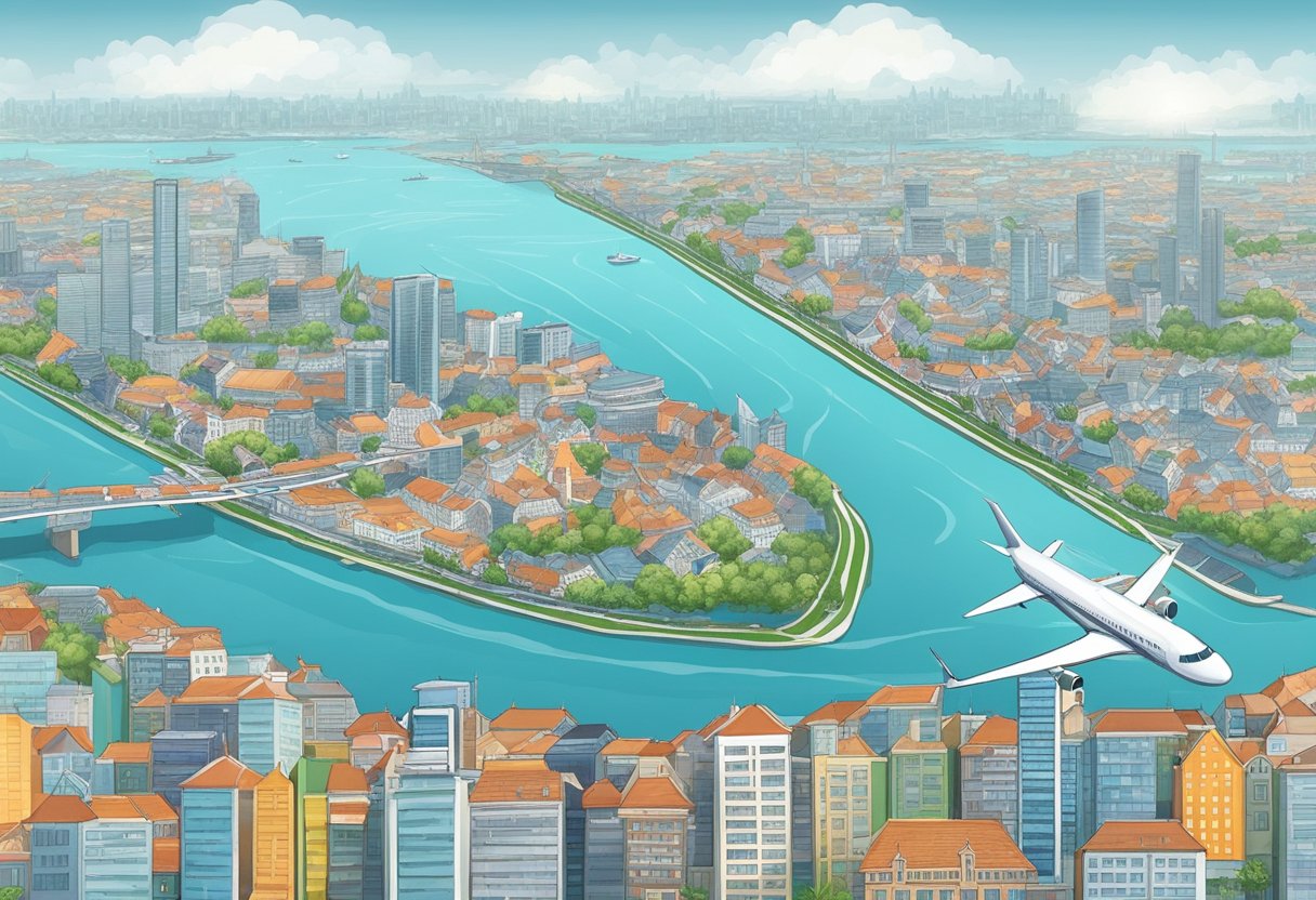 A plane flying over city skylines from Singapore to Amsterdam