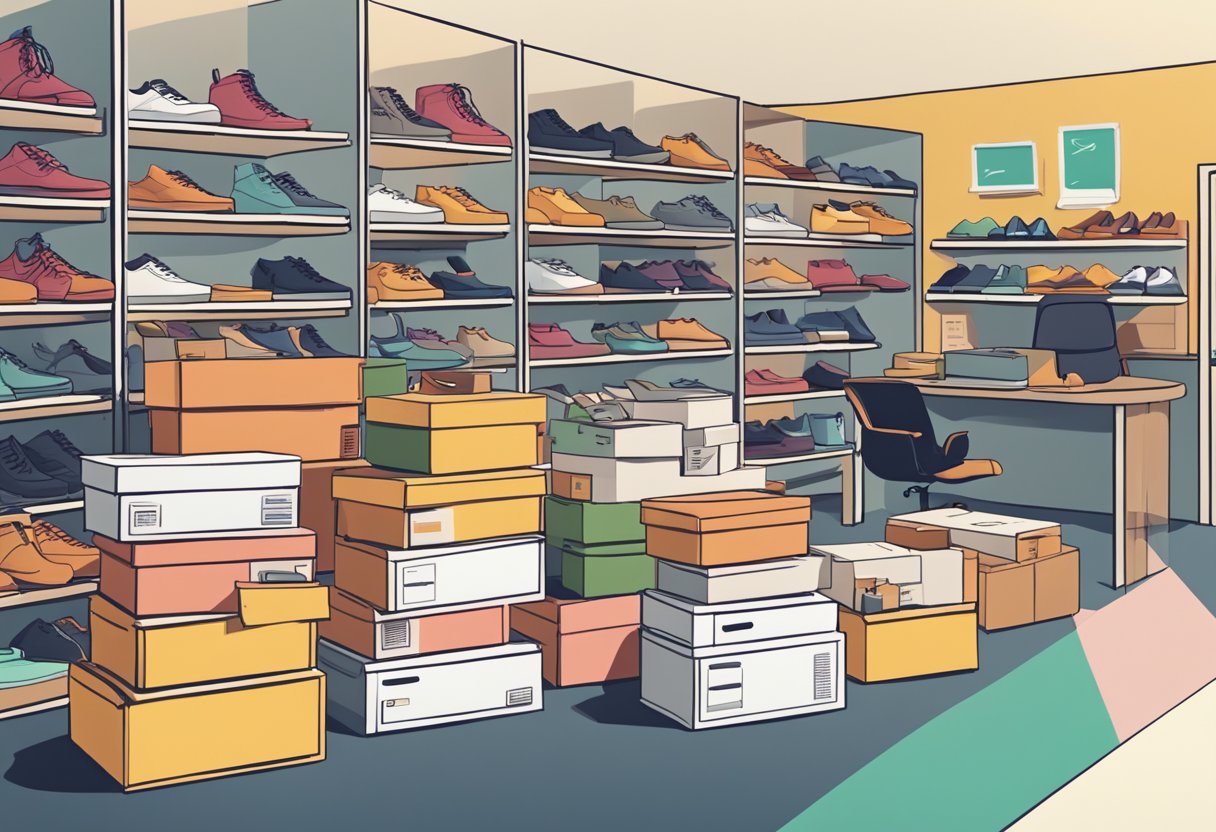 A stack of shoe boxes with "Frequently Asked Questions" printed on them, surrounded by various shoe styles and a customer service representative's desk