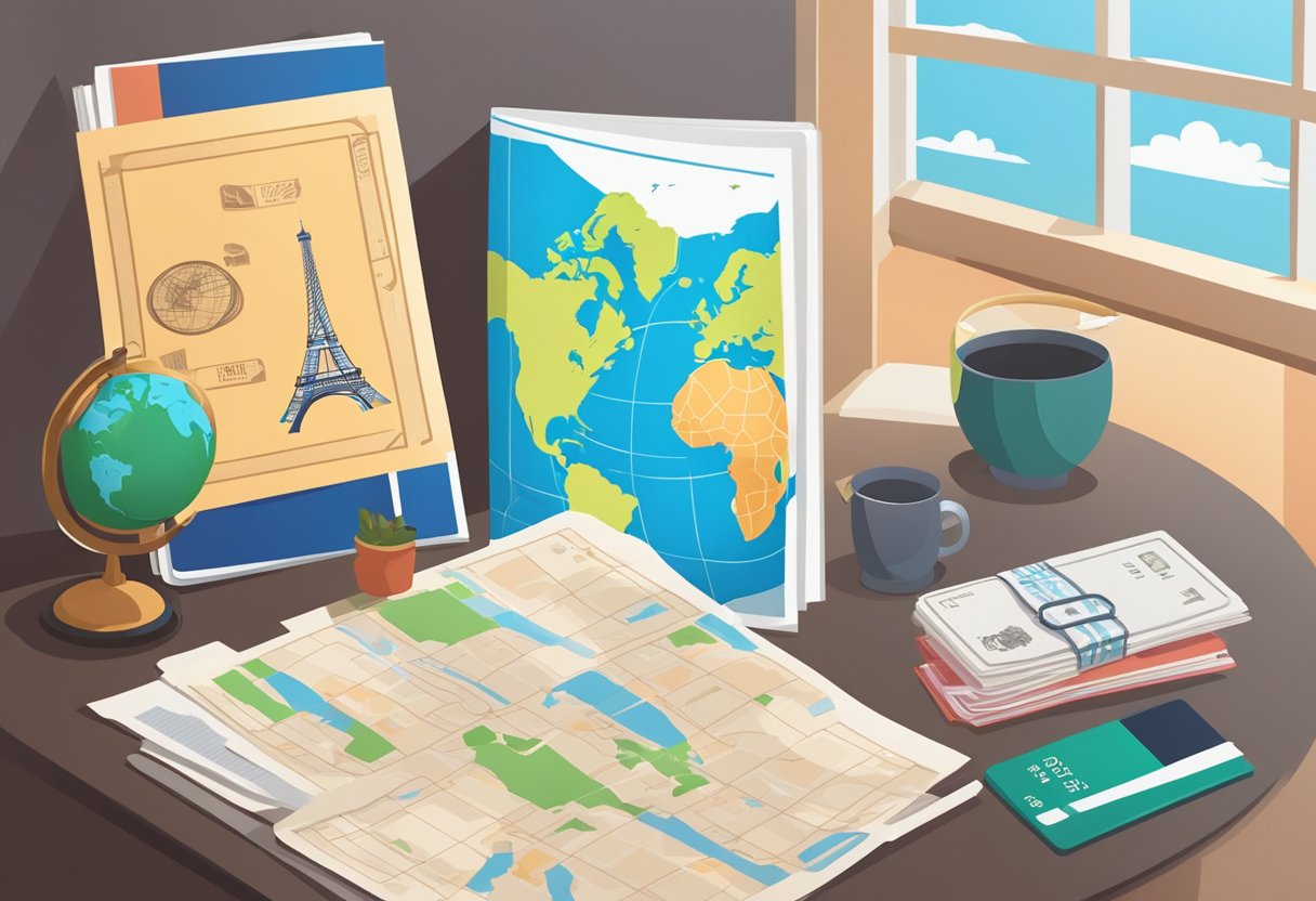 Passports, tickets, and a map lay on a table. A globe and travel guides sit nearby. The Eiffel Tower and windmills are depicted in travel posters on the wall
