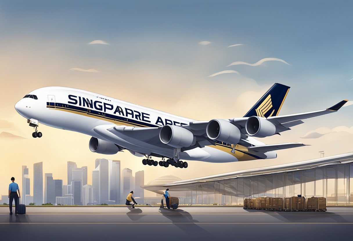 Passengers boarding a Singapore Airlines plane at the airport, with luggage being loaded into the cargo hold. The plane taking off with the Singapore skyline in the background