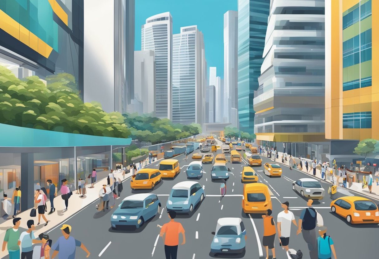 Workers in Singapore's bustling cityscape, surrounded by modern skyscrapers and bustling traffic, as they go about their daily routines during typical working hours