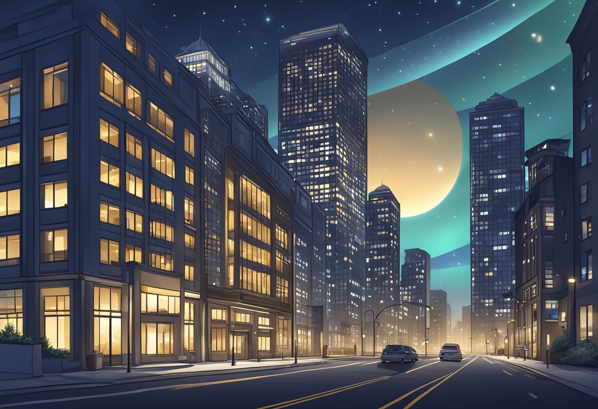 Office buildings with glowing lights against the night sky, deserted streets, and a clock showing late hours