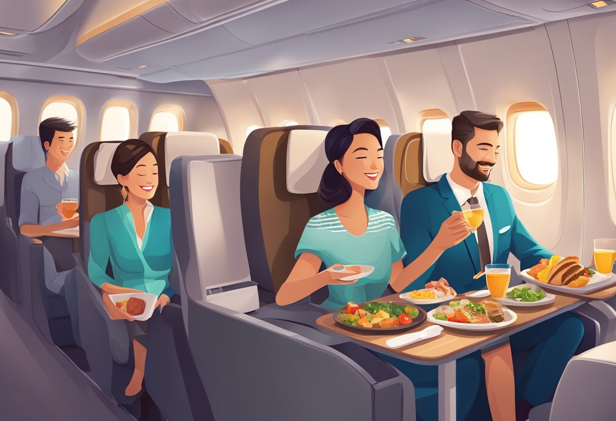Passengers enjoying inflight entertainment, dining on gourmet cuisine, and relaxing in spacious seats on a flight from Singapore to Turkey