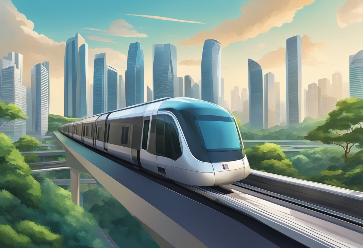 A sleek Singapore train glides along elevated tracks, passing through a futuristic urban landscape with towering skyscrapers and lush greenery