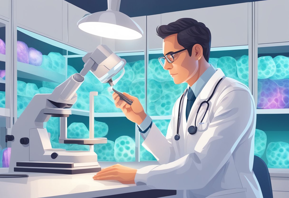 A doctor in a white lab coat examines a magnified image of skin cells under a bright light in a modern clinic in Singapore