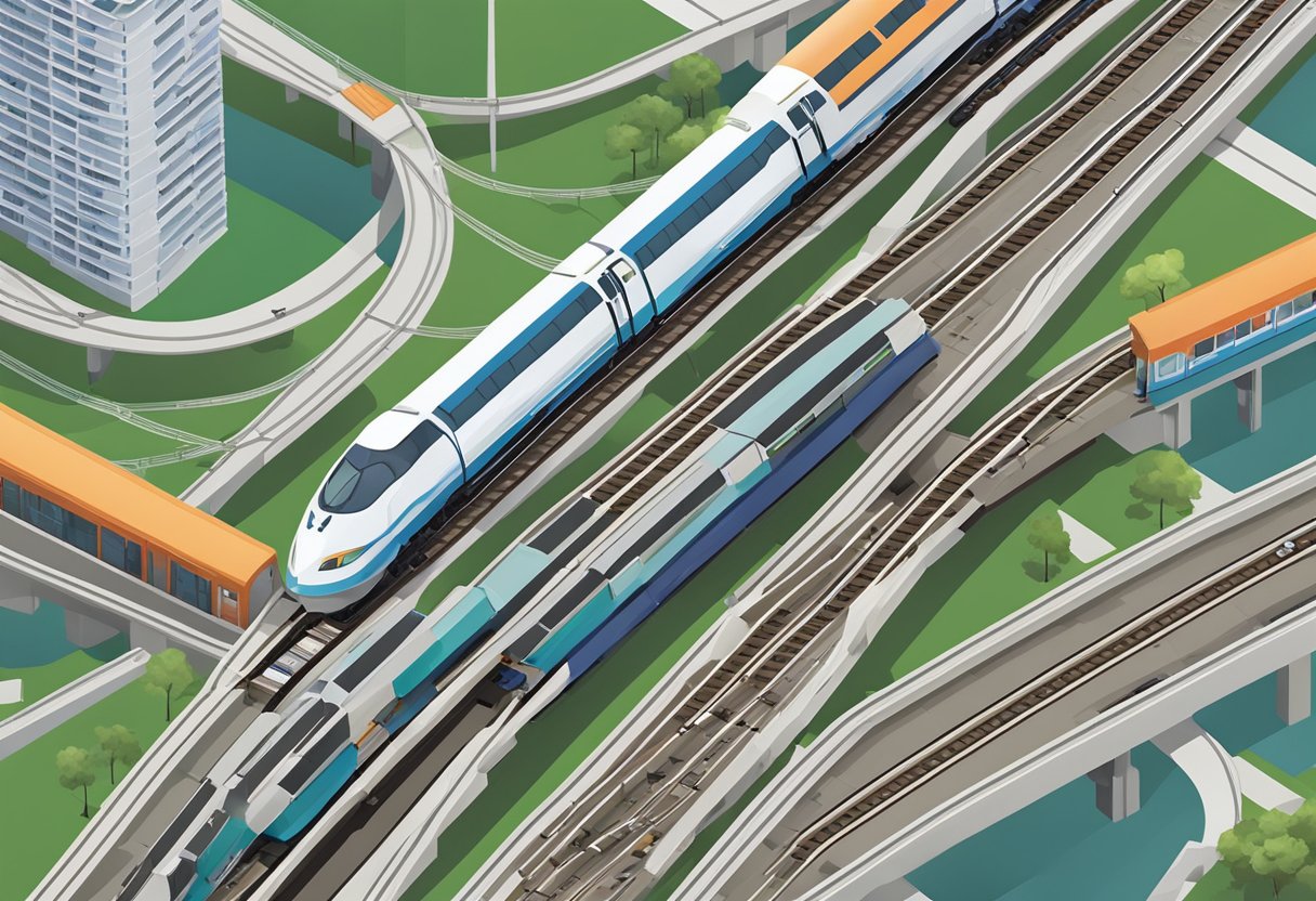 Aerial view of Singapore's train system with multiple tracks, platforms, and trains moving in different directions