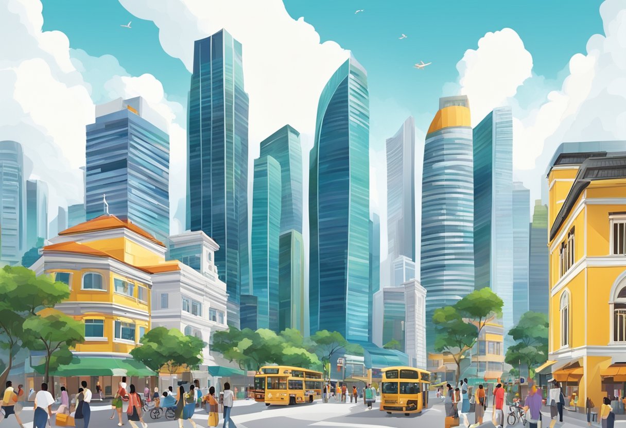 A bustling cityscape with modern skyscrapers and vibrant street life, showcasing the diverse culture and dynamic energy of Singapore