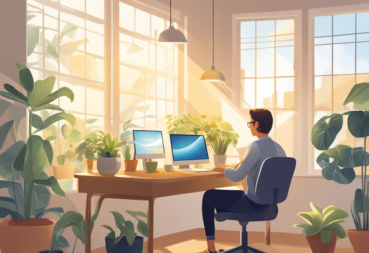 A person sitting at a desk, surrounded by a laptop, calendar, and potted plant. The sun is shining through the window, creating a peaceful and productive work environment