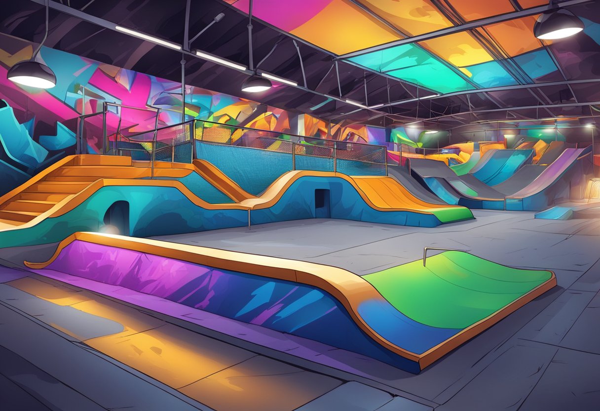 Skate park with ramps, rails, and half-pipes. Colorful graffiti covers the concrete surfaces. Bright lights illuminate the area at night