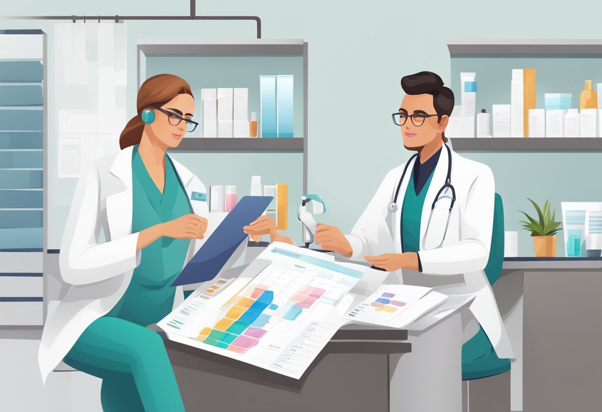 A dermatologist in a modern clinic, examining a skin chart and discussing treatments with a patient