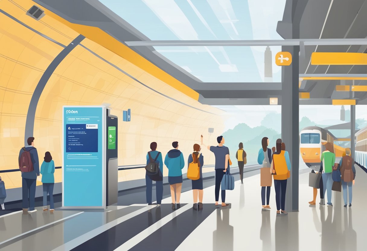 Passengers waiting on platform as train arrives. Signs indicate destinations. Map displayed for route planning. Ticket kiosk nearby for purchasing