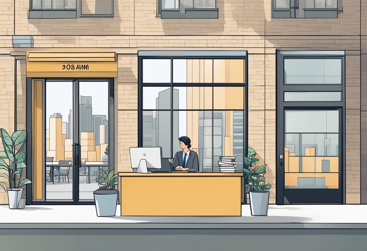 A clock showing 9 AM with office buildings in the background. An open sign on a storefront. A person working at a desk with a computer